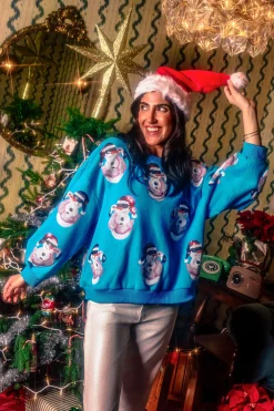 Aqua Blue Santa Hat Snowman In Flamingo Float Sweatshirt