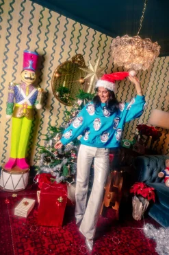 Aqua Blue Santa Hat Snowman In Flamingo Float Sweatshirt