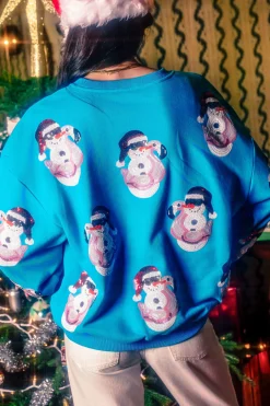 Aqua Blue Santa Hat Snowman In Flamingo Float Sweatshirt