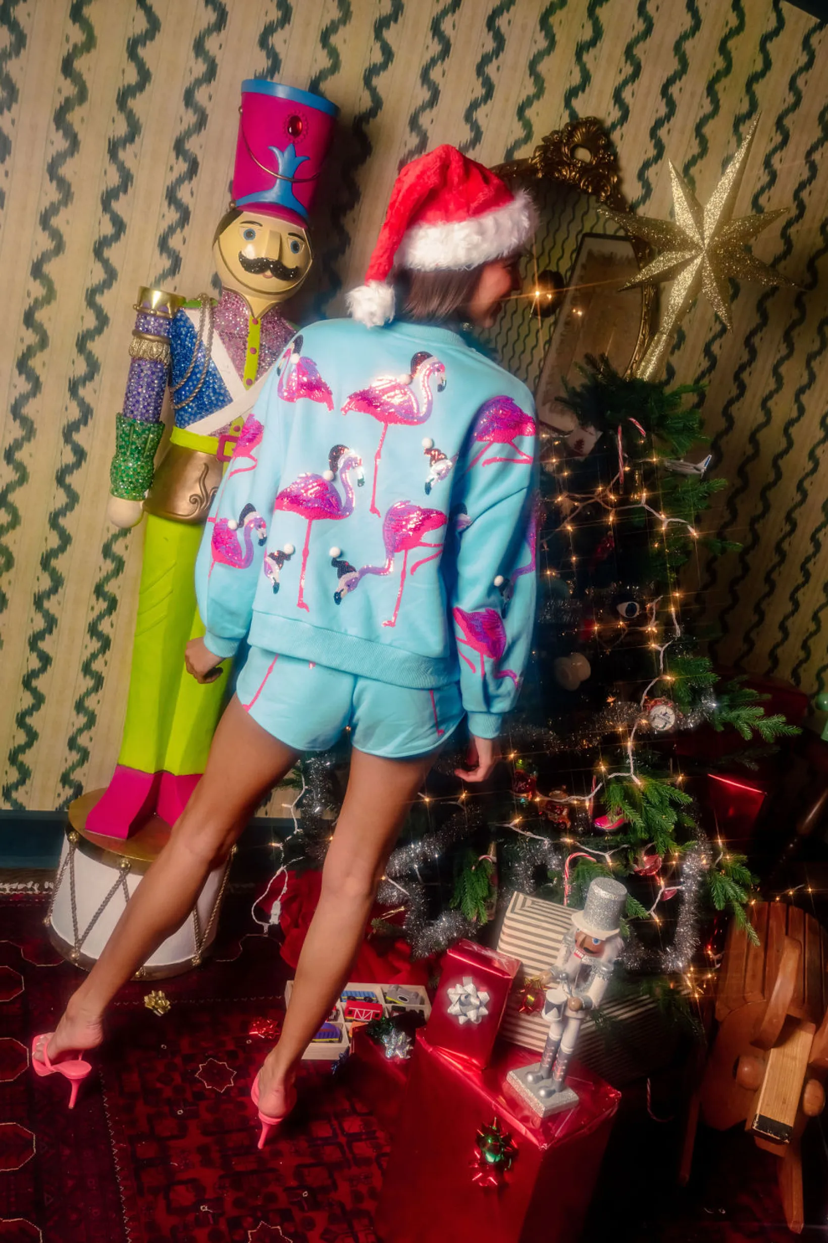 Aqua Flamingo In Santa Hats Shorts
