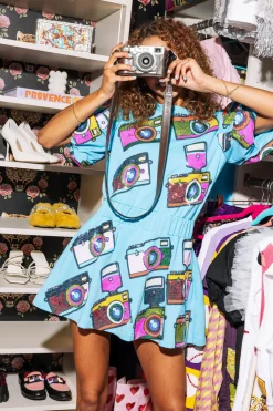 Aqua Multi Camera Smocked Waist Dress