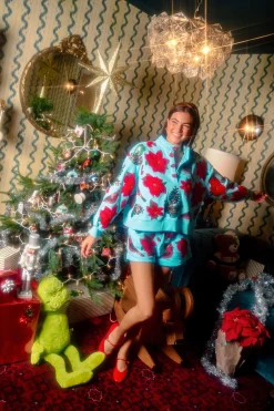 Aqua Poinsettia, Cardinal & Pine Cone Henley Sweatshirt