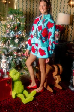 Aqua Poinsettia, Cardinal & Pine Cone Henley Sweatshirt