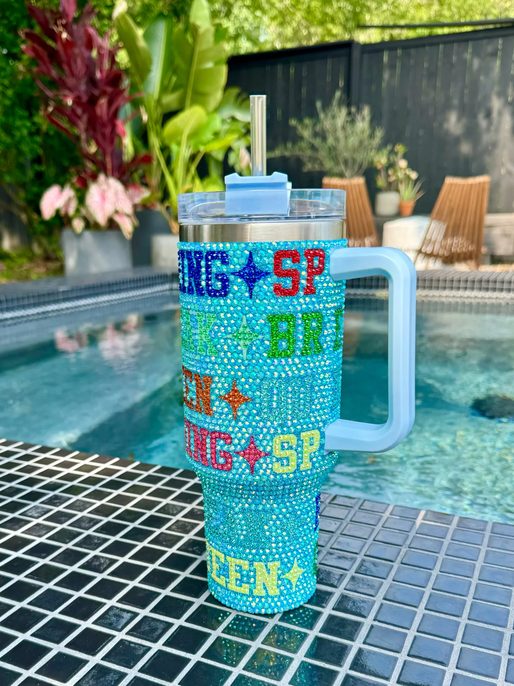 Aqua Spring Break Queen Rhinestone Tumbler