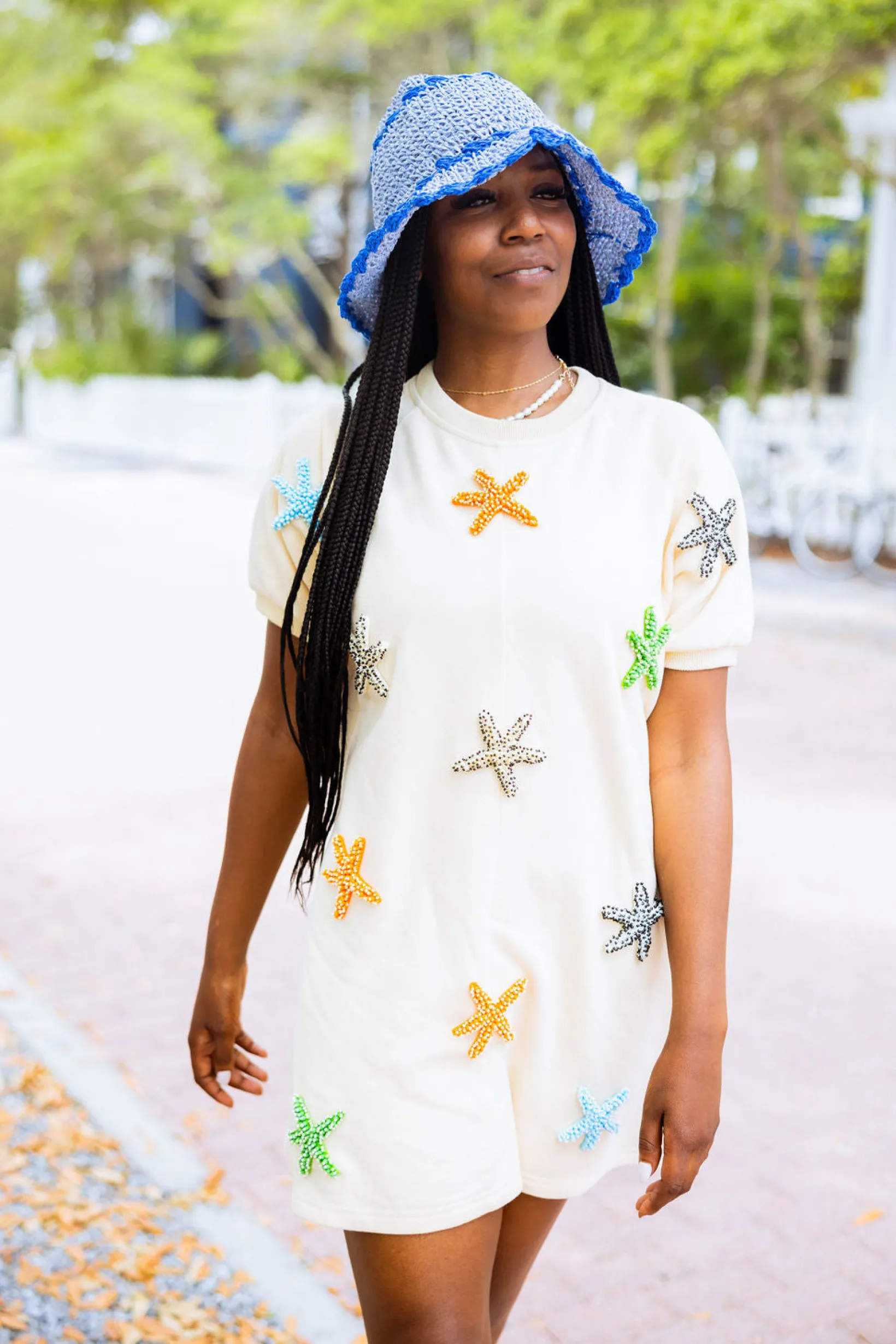 Beige Beaded Starfish Short Sleeve Dress