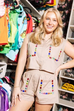 Beige Cotton Rainbow Jeweled Pocket Tank