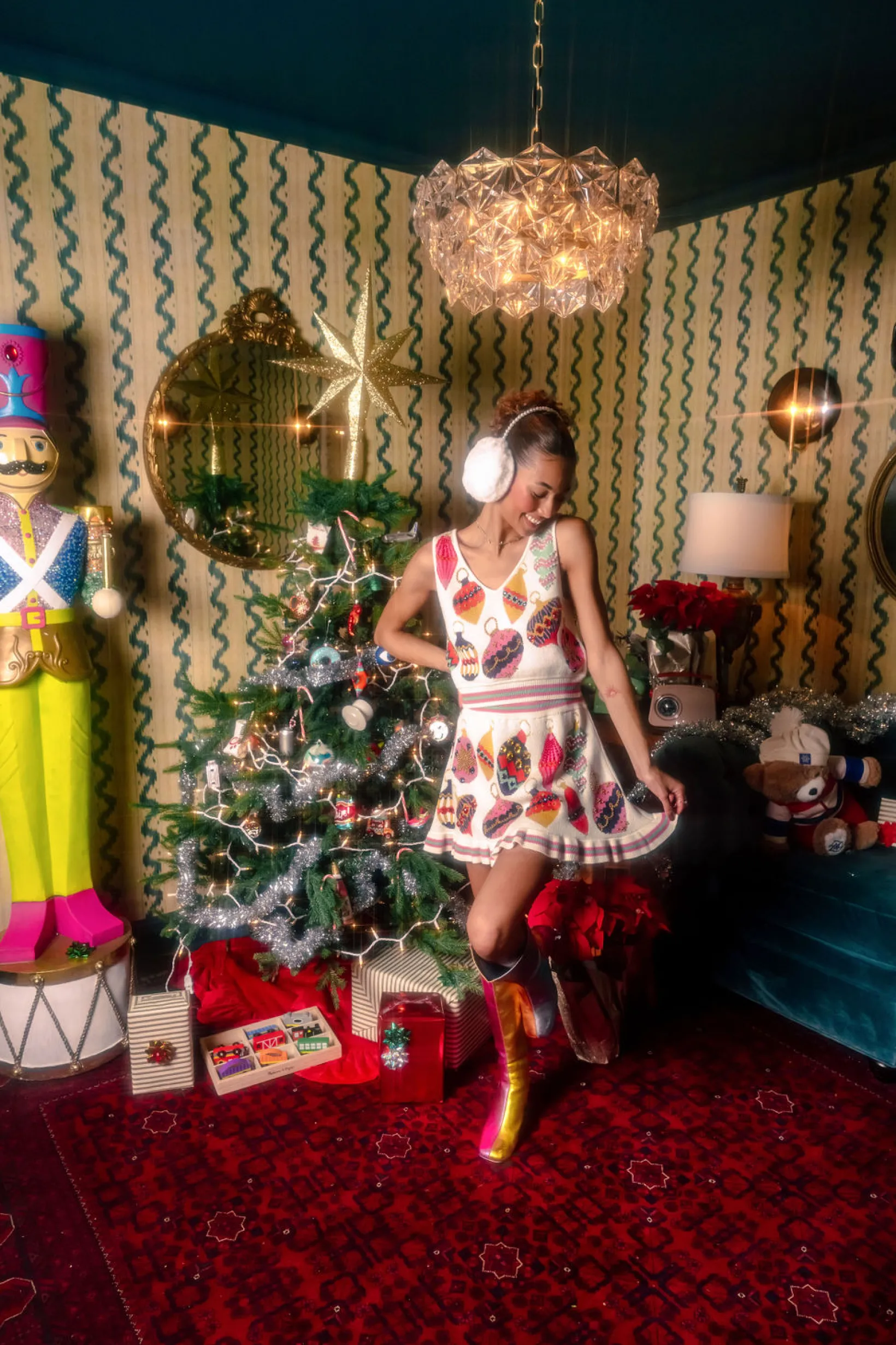 Beige Multi Ornament Knit Skirt