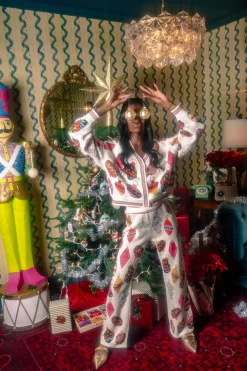 Beige Multi Ornament Knit Pants