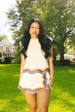 Beige Rainbow Wavy Shoulder Pad Tank