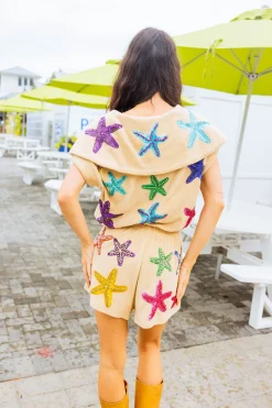 Beige Terry Cloth Starfish Zip Collar Top