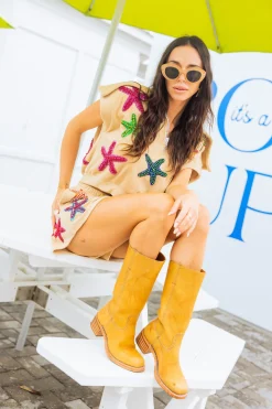 Beige Terry Cloth Starfish Zip Collar Top