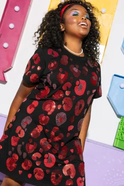 Black & Red Sequin & Seed Bead Leopard Tee Dress