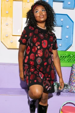 Black & Red Sequin & Seed Bead Leopard Tee Dress