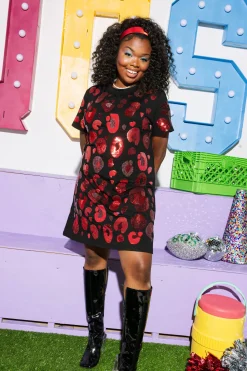 Black & Red Sequin & Seed Bead Leopard Tee Dress