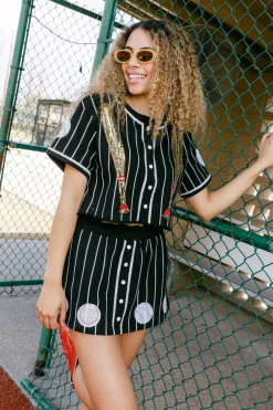 Black & White Pinstripe Baseball Button Top
