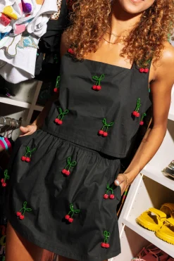 Black Beaded Cherry Cotton Skort