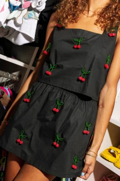 Black Beaded Cherry Cotton Skort