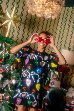 Black Christmas Lights Poof Sequin Sleeve Tee Dress