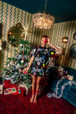 Black Christmas Lights Poof Sequin Sleeve Tee Dress