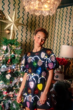 Black Christmas Lights Poof Sequin Sleeve Tee Dress