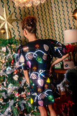 Black Christmas Lights Poof Sequin Sleeve Tee Dress
