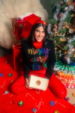 Black Merry Everything Glitter Script Sweater