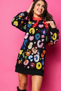 Black Multi Beaded & Sequin Leopard Sweatshirt Dress