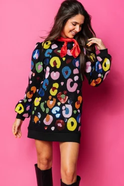 Black Multi Beaded & Sequin Leopard Sweatshirt Dress