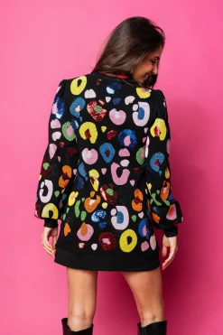 Black Multi Beaded & Sequin Leopard Sweatshirt Dress