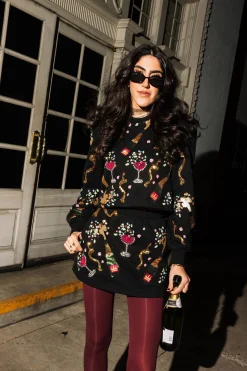 Black Multi Champagne Bottle And Coupe Cropped Sweatshirt