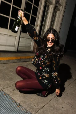 Black Multi Champagne Bottle And Coupe Cropped Sweatshirt