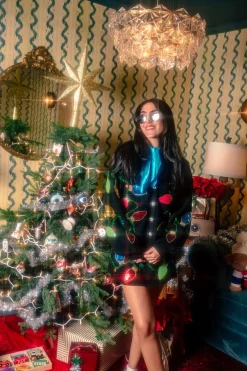 Black Multi Christmas Light Cardigan With Tinsel & Jewels