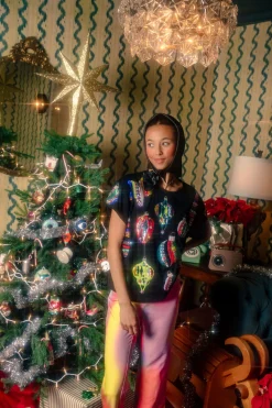 Black Multi Color Ornaments Tee