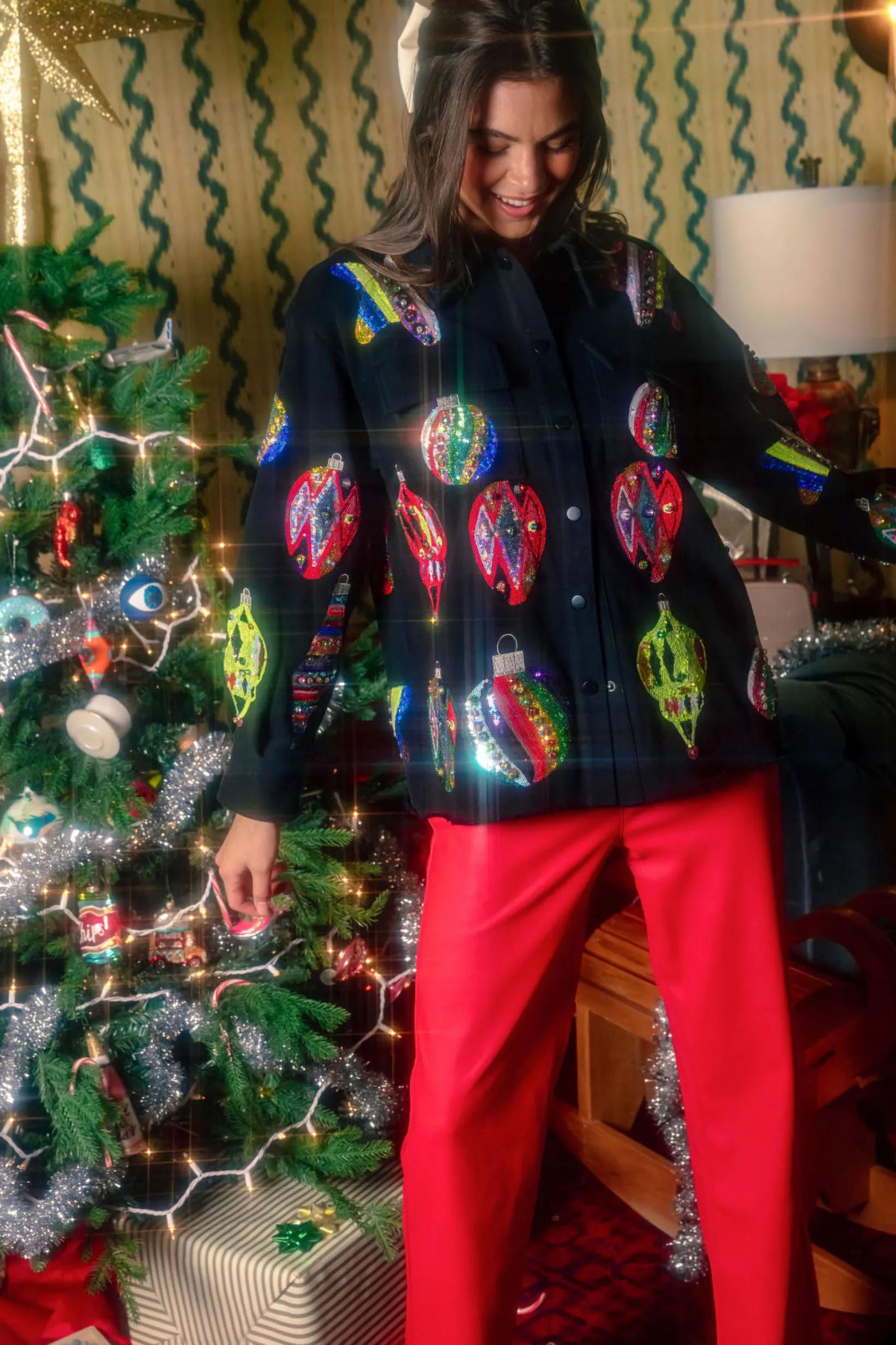 Black Multi Color Ornaments Shacket