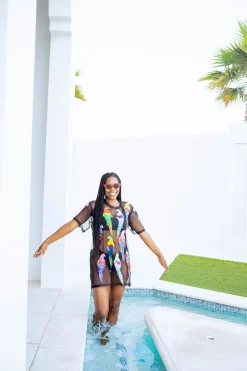 Black Multi Parrot Sheer Coverup