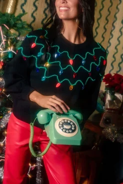 Black Multi Pearl & Jewel Christmas Light Sweater