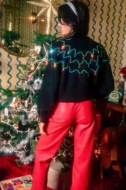 Black Multi Pearl & Jewel Christmas Light Sweater