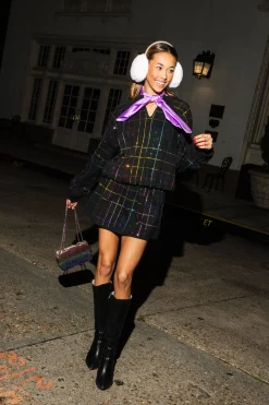 Black Multi Rhinestone Plaid V Neck Sweatshirt