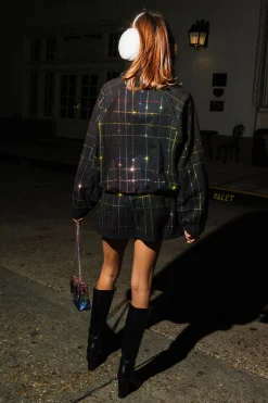 Black Multi Rhinestone Plaid V Neck Sweatshirt