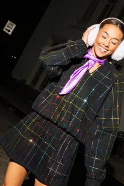 Black Multi Rhinestone Plaid V Neck Sweatshirt