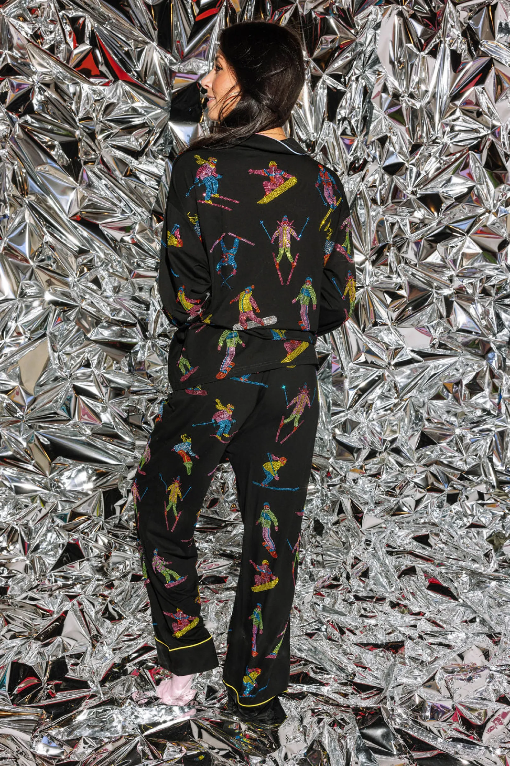 Black Multi Skier Long Sleeve Pajama Top