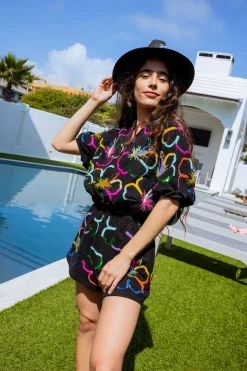 Black Outlined Hibiscus Short