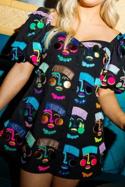 Black Poof Sleeve Faces Dress