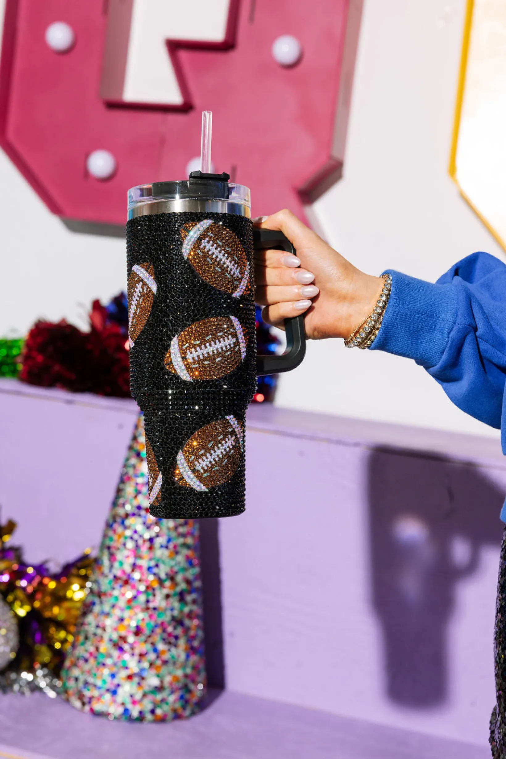 Black Rhinestone Football Tumbler