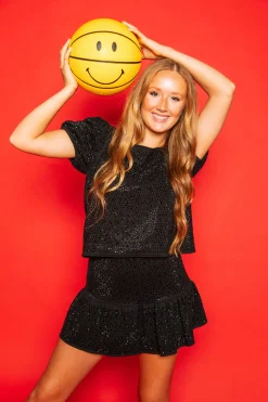 Black Rhinestone Poof Sleeve Top