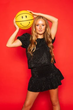 Black Rhinestone Poof Sleeve Top