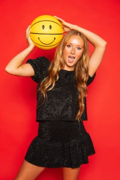 Black Rhinestone Poof Sleeve Top