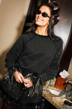 Black Scattered Rhinestone Feather Tinsel Short