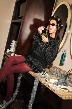 Black Scattered Rhinestone Feather Tinsel Sweatshirt