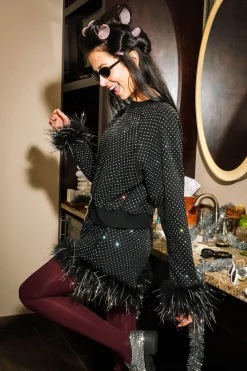 Black Scattered Rhinestone Feather Tinsel Short